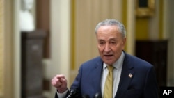 资料照片:纽约参议院多数党领袖查克·舒默 (Chuck Schumer) 于2023年12月12日星期二在华盛顿国会山与乌克兰总统弗拉基米尔·泽连斯基 (Volodymyr Zelenskyy) 和其他参议员会面后接受记者采访。(美联社照片)