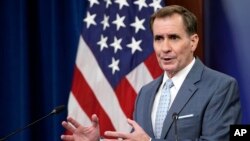 资料照:美国国防部发言人柯比在五角大楼的记者会上。