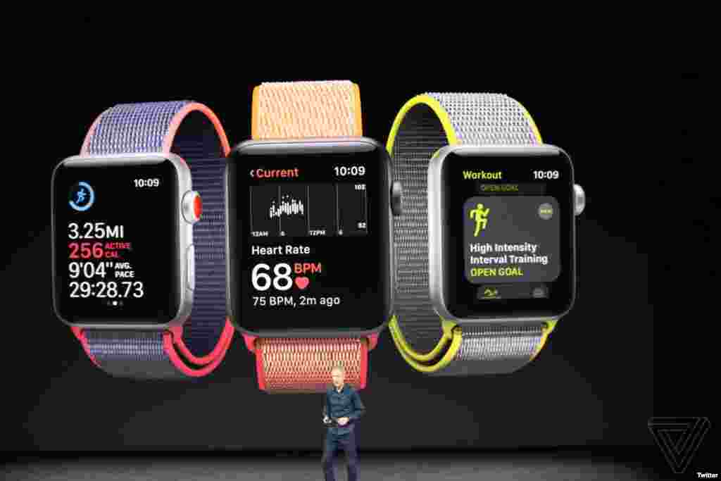 新一代智能手表Apple Watch Series 3亮相,新手表内置通信功能,也能够在不需要手机的情况下串流Apple Music的4000万首歌曲。新一代的电视串流盒Apple TV 4K现在也支持高动态范围的4K规格播放。