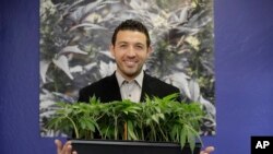 KindPeoples联合创办人和首席执行官哈利德·穆塔瓦基勒在他位于加州圣克鲁兹的大麻药店与几株大麻合影。(2017年12月29日)