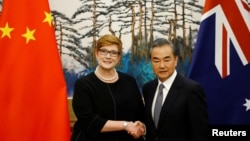 澳大利亚外长佩恩和中国外长王毅在北京钓鱼台国宾馆举行记者会时握手。（2018年11月8日）