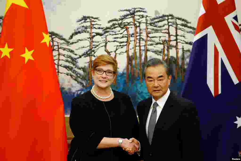 澳大利亚外长佩恩和中国外长王毅在北京钓鱼台国宾馆举行记者会时握手。(2018年11月8日)