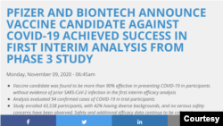 星期一(11月9日),辉瑞制药在网页宣布新冠疫苗利好消息。(辉瑞制药网页截屏)