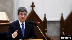 台湾副总统陈建仁在台北一次活动中讲话。(2018年3月10日)