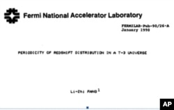 Periodicity of redshift distribution in a T-3 universe’ 一文的费米实验室预印本。其下有我的临时通讯地址。寄到该处,由美国务院信使直接送到北京,不经过普通邮政系统。
