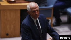 在纽约联合国总部,欧盟外交政策主管博雷利在第77届联合国大会期间参加安理会有关乌克兰局势的一次高层会议。(2022年9月22日)