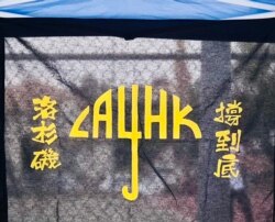 集会现场展示的力撑香港作品。(洛杉矶巴恩斯公园,美国之音2020年10月24日)