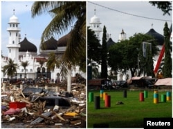Gambar gabungan menunjukkan kerusakan di depan masjid Baiturrahman yang disebabkan oleh tsunami, 27 Desember 2004 (kiri), dan taman di depan masjid yang sama, 22 Desember 2024 (kanan), di Banda Aceh. (Beawiharta/Willy Kurniawan/REUTERS)