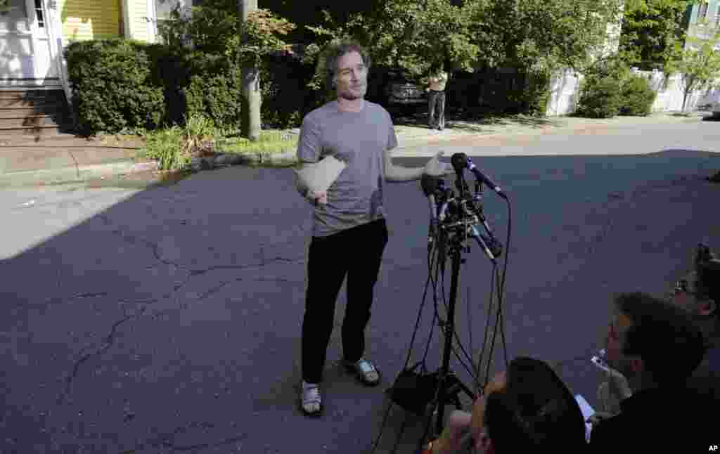 Peter Theo Curtis meets with reporters outside his mother's home in Cambridge, Massachusetts,  Aug. 27, 2014. 