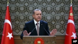 土耳其总统埃尔多安在安卡拉的总统府对地方官员讲话。(2015年11月26日)