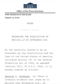 特朗普总统8月14日下令,中国的字节跳动从在美运营的TikTok撤资。