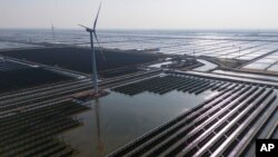 中国山东省的一个大型太阳能发电场,同时伫立着风力涡轮机。(美联社:2024年3月22日)