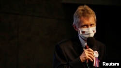 捷克参议院议长维特奇2020年8月31日在访问台湾期间发表讲话(路透社)