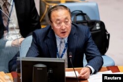 中国常驻联合国代表张军2021年9月23日在联合国安理会上发言(路透社)