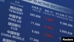 香港交易所外电子屏幕显示的最为活跃的证券。(2018年10月11日)