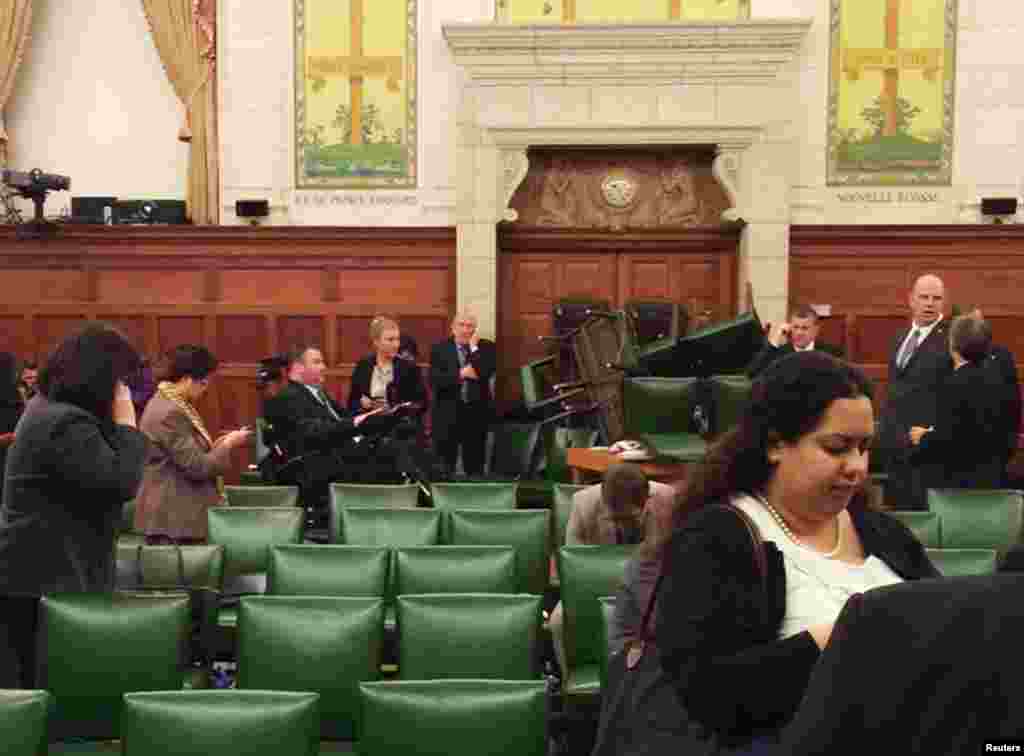 The Conservative Party caucus room is seen shortly after shooting began on Parliament Hill in Ottawa in this image taken and provided by MP Nina Grewal.