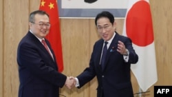 中国共产党中央对外联络部部长刘建超2024年5月29日与日本自民党总裁、首相岸田文雄会晤。(法新社)