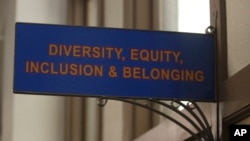 FILE - The sign above the door to the Office of Diversity, Equity, Inclusion and Belonging inside the main administration building on the University of Kansas campus is seen on April 12, 2024, in Lawrence, Kan.