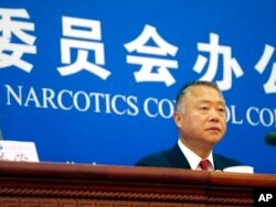 中国国际禁毒委员会副主任刘跃进在记者会上。(2019年9月3日)