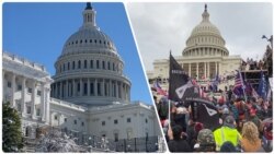 今天的美国会大厦与一年前的国会大厦。(1月6日)