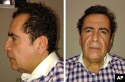 This two-image composite released by Mexico's Attorney General's Office (PGR) Oct. 1, 2014, shows alleged cartel capo Hector Beltran Leyva after his arrest by Mexican law enforcement authorities.