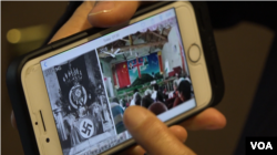 对华援助协会主席傅希秋向美国之音记者展示照片