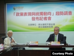 新台湾国策智库董事长吴荣义(右)和新台湾国策智库创办人辜宽敏(左)出席“政党表现与统独动向”民调结果记者会(新台湾国策智库提供)