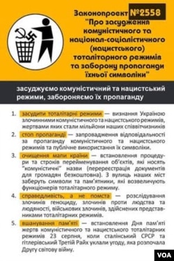 乌克兰议会介绍有关禁止共产主义和纳粹标志的2558号法案的传单。 (美国之音白桦拍摄)