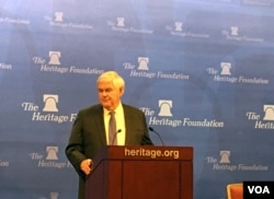 美国前议长纽特·金里奇星期二(12月13日)在华盛顿传统基金会发表演讲。