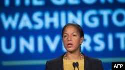美国国家安全顾问苏姗·赖斯乔治·华盛顿大学谈美中关系。（2015年9月21日）