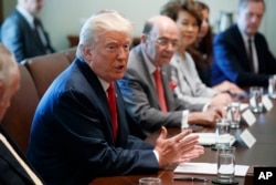 美国总统川普在内阁会议上讲话。总统右侧为商务部长罗斯和交通运输部长赵小兰(2017年7月31日)