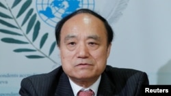 国际电联秘书长赵厚麟在日内瓦的一个记者会上(2018年5月28日)