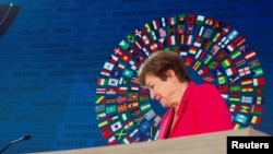 IMF预测全球经济将会稳定成长,且持续通胀放缓;图为IMF总裁克里斯塔利娜·格奥尔基耶娃出席和世界银行合办的新闻发布会。(路透社:2024年10月25日)