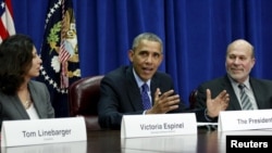 美国总统奥巴马在首都华盛顿美国农业部出席有关TPP的农业与商界领导人会议。 (2015年10月6日)