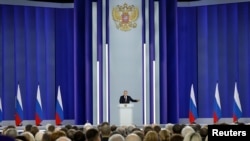 俄罗斯总统普京在莫斯科的联邦议会发表年度讲话。(2023年2月21日)