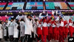 韩国和朝鲜运动员一起步入平川冬奥会闭幕式(美联社)
