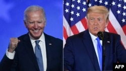 美国共和党候选人特朗普(右)和民主党总统候选人拜登分别在选举日之夜。(2020年11月3日)