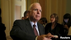美国参议员麦凯恩在华盛顿向媒体讲话(资料图,2016年6月18日)
