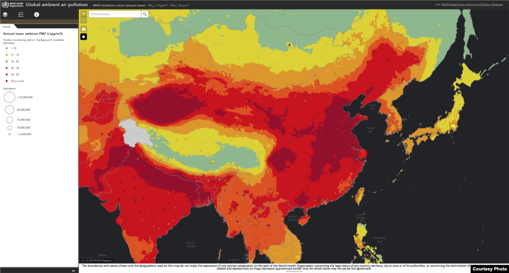 近日世卫组织发布了最新的空气质量互动地图。从图中可以看到,中国的工业中心地带超标严重,同样情况也出现在南亚的印度恒河平原。世界卫生组织9月27日的报告说,全球高达92%的人口所在地区的空气污染程度超过《世卫组织环境空气质量指南》中的限值。