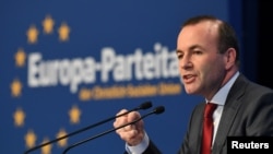 欧洲议会欧洲人民党联盟主席韦伯(Manfred Weber)2019年3月30日在德国纽伦堡发表演说。