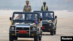 缅甸国防军总司令敏昂莱2月1日发动政变推翻缅甸民选政府后在内比都阅兵 。(2021年3月27日)