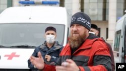 俄罗斯车臣领导人卡迪罗夫2020年5月9日就新冠病毒疫情向记者发表讲话。