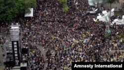 2014年3月30日,几十万人聚集在台湾总统府前,抗议总统马英九和北京签署的两岸服务贸易协议。