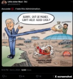 名为Little Sister Muxi的播种账户发布漫画,显示拜登把钱袋子递给乌克兰,而对美国飓风的受害者说不。