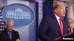 美国总统特朗普带领美国新型冠状病毒工作组在白宫每日新闻简报会上发表讲话。(2020年3月24日)