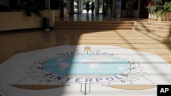 国际刑警组织在法国里昂总部的徽标。(2010年7月5日)