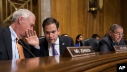 来自佛罗里达州的共和党联邦参议员鲁比奥(Marco Rubio,中)在参议院(2018年1月9日)