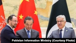 巴基斯坦外长阿西夫与阿富汗外长拉巴尼在北京握手(图片来源:巴基斯坦信息部)。