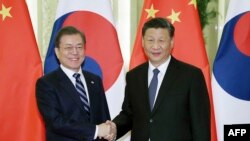 TT Hàn quốc Moon Jae-In (trái) bắt tay Chủ tịch TQ Tập Cận Bình trước cuộc họp tại Đại sảnh đường Nhân dân ở Bắc Kinh hôm 23/12/2019. (Photo by YONHAP / YONHAP / AFP)