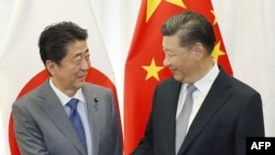 日本首相安倍晋三和中国国家主席习近平(右)在俄罗斯举行的东方经济论坛上握手。(2018年9月12日)